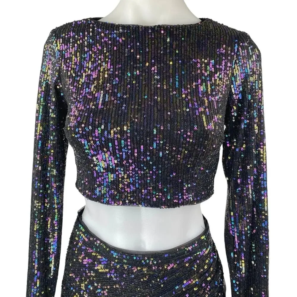 NEW Morgan & Co. Black Sequin Long Sleeve Crop Top Pencil Mini Skirt 2 Pc Set 1
